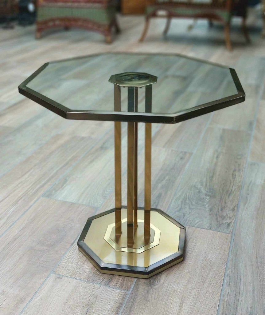 Petite table basse octogonale laiton et verre - années '70, Enlèvement