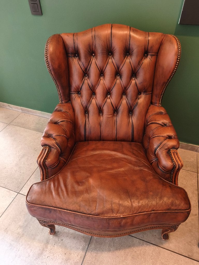 Set van 2 identieke leren fauteuils in cognacbruine kleur., Maison & Meubles, 75 à 100 cm, Moins de 150 cm, Enlèvement, Bois
