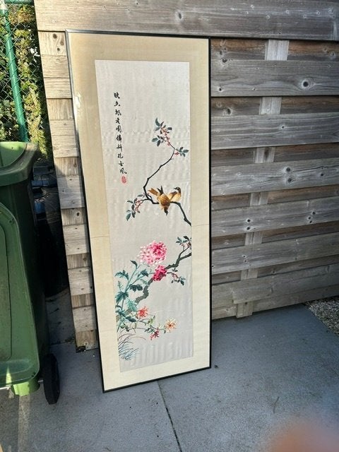 panneau mural encadré avec broderie en soie chinoise, Enlèvement, Utilisé, Encadré