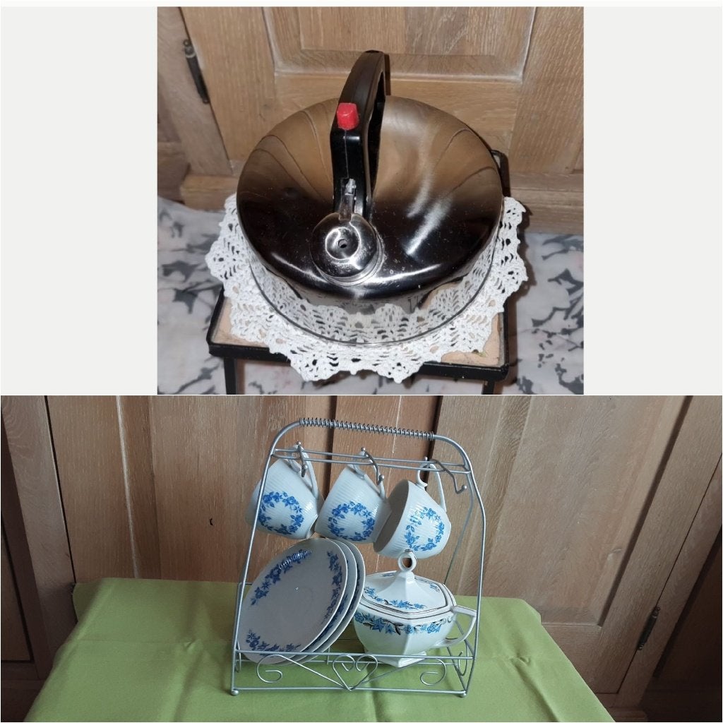 Vintage Theeset: Fluitketel Porselein servies Metalen houder, Ophalen of Verzenden, Gebruikt, Porselein