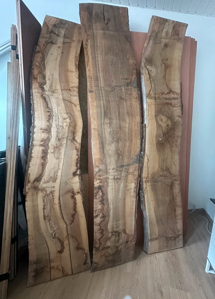 3 massieve walnoot / notelaar boomstamplanken   5 cm dik, Ophalen, Zo goed als nieuw, 250 tot 300 cm, Plank