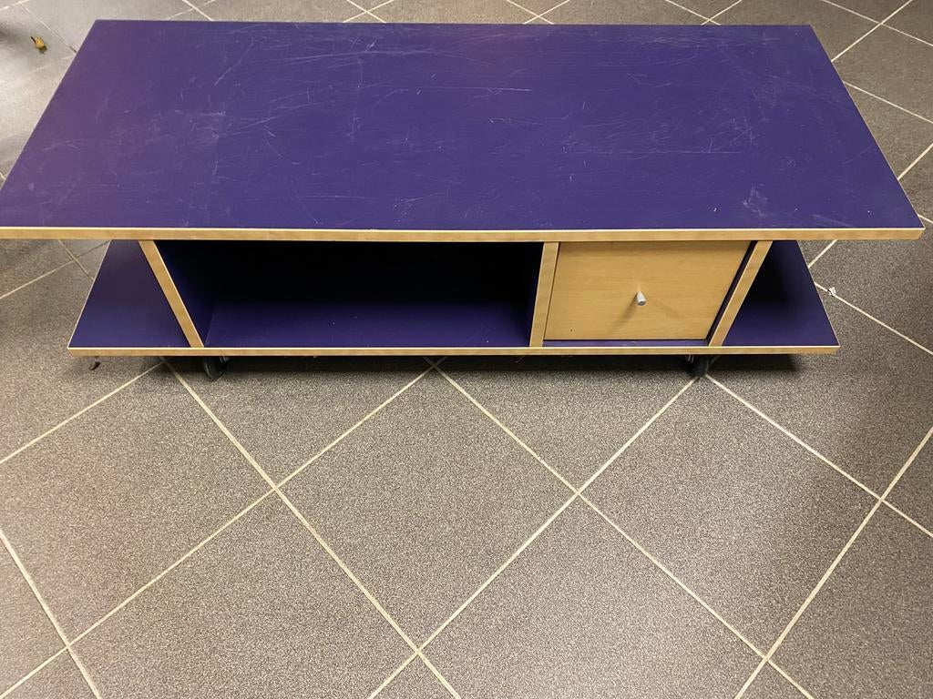 Tv meubel op wieltjes kleur blauw/hout, Ophalen, Gebruikt, 100 tot 150 cm, Minder dan 100 cm