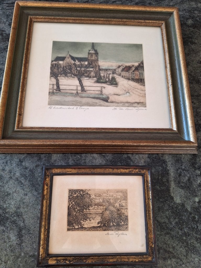 2 gesigneerde kunstprenten Louis Rijck Overijse – ingekaderd, Antiek en Kunst, Ophalen, Landschap, Ets, Gesigneerd