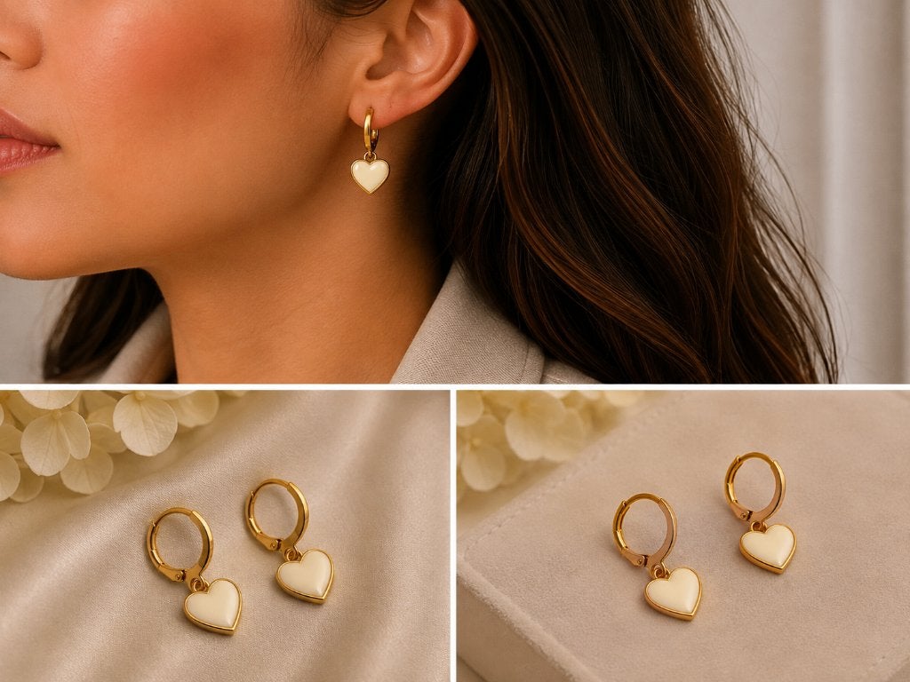 Créoles dorées avec cœur en émail blanc — NOUVEAU, Bijoux, Sacs & Beauté, Boucles d'oreilles, Or, Blanc, Envoi, Neuf