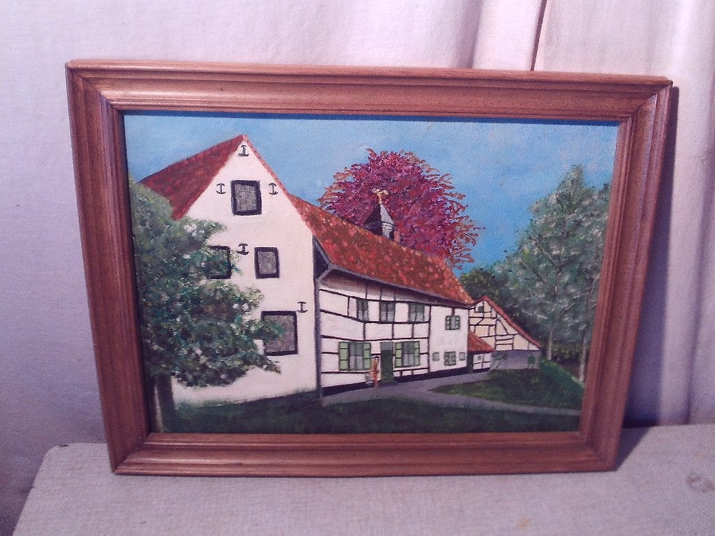 Œuvre peinte « Maisons à colombages avec jardin » - 46x36, Antiquités & Art, Art | Peinture | Classique, Enlèvement ou Envoi, Peinture à l'huile