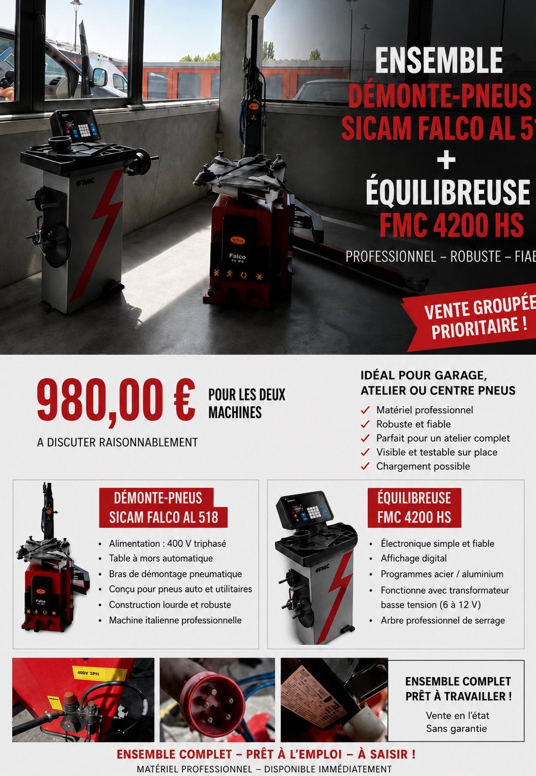 Ensemble Pro Pneus - Demonte pneus Sicam - Equilibreuse FMC, Enlèvement, Utilisé