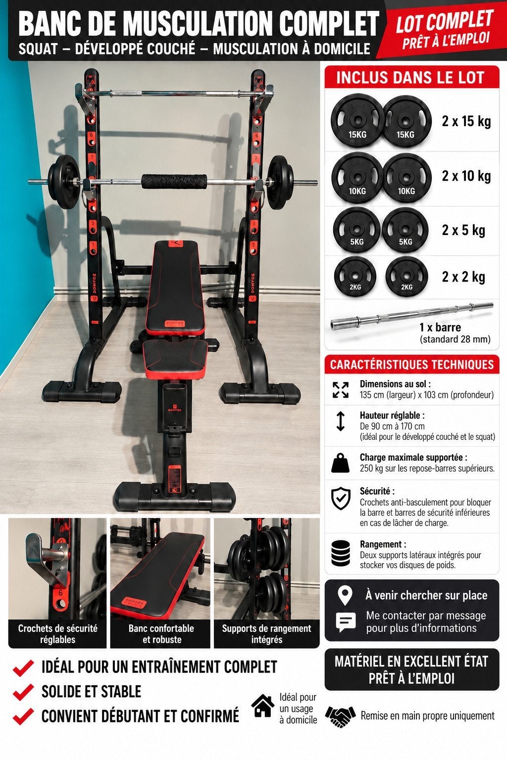 banc de.misculation complet, Sports & Fitness, Enlèvement, Couché