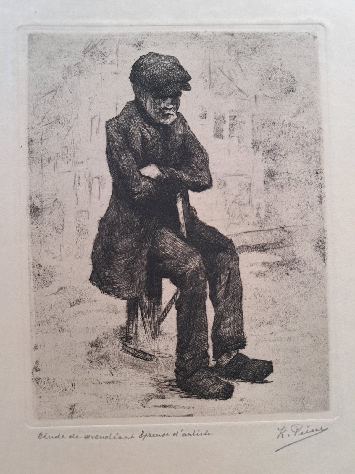 PEISER Kurt "Etude de mendiant" ets, Antiquités & Art, Art | Eaux-fortes & Gravures, Enlèvement ou Envoi, Eau-forte, Encadré