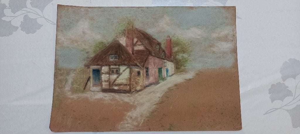 Dessin pastel original maison rustique 49x33,5, B5, Enlèvement ou Envoi, Dessin, Dessin au pastel, Fait main