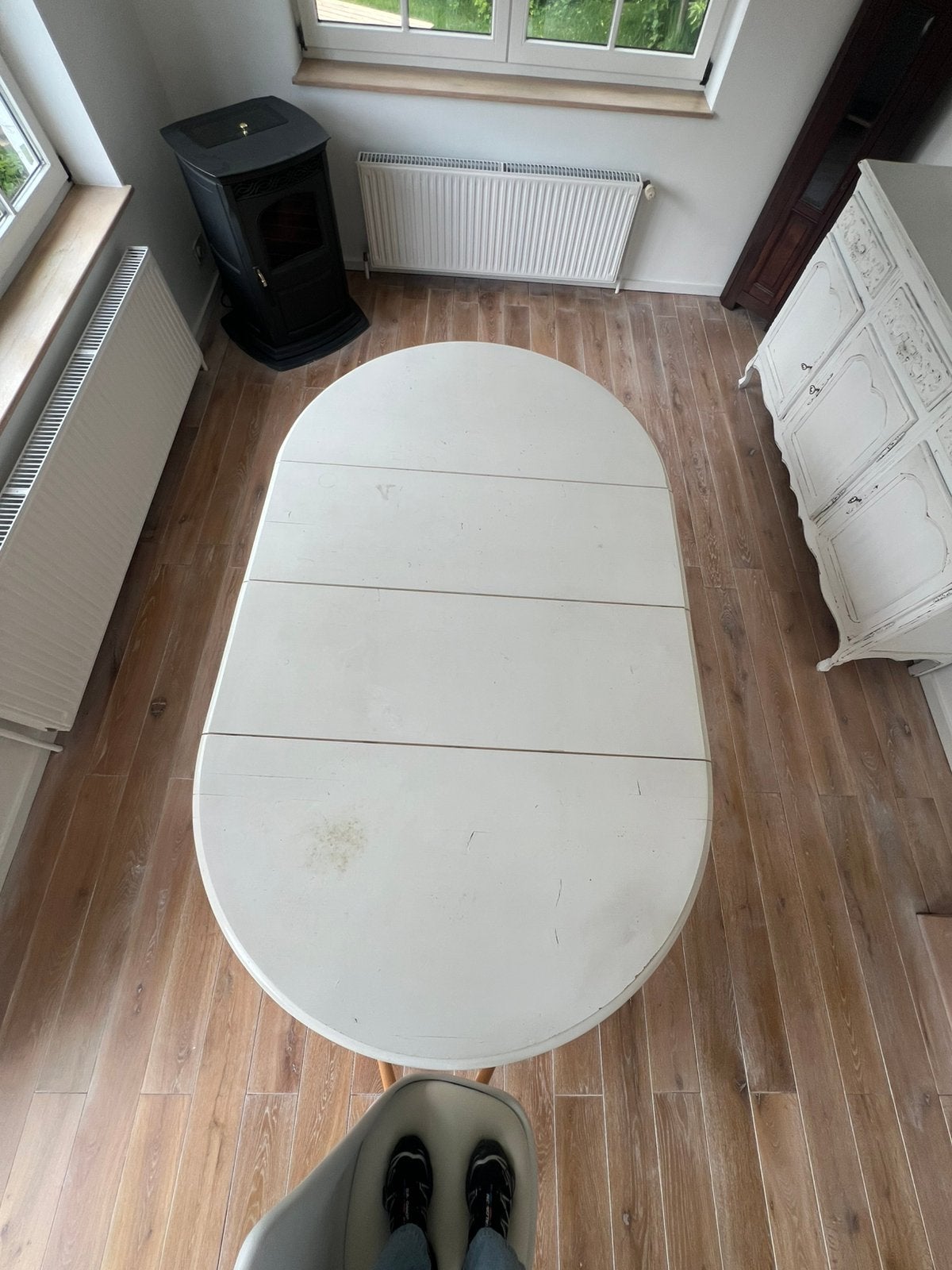 Table à manger blanche en bois avec extensions, Maison & Meubles, Enlèvement, Utilisé