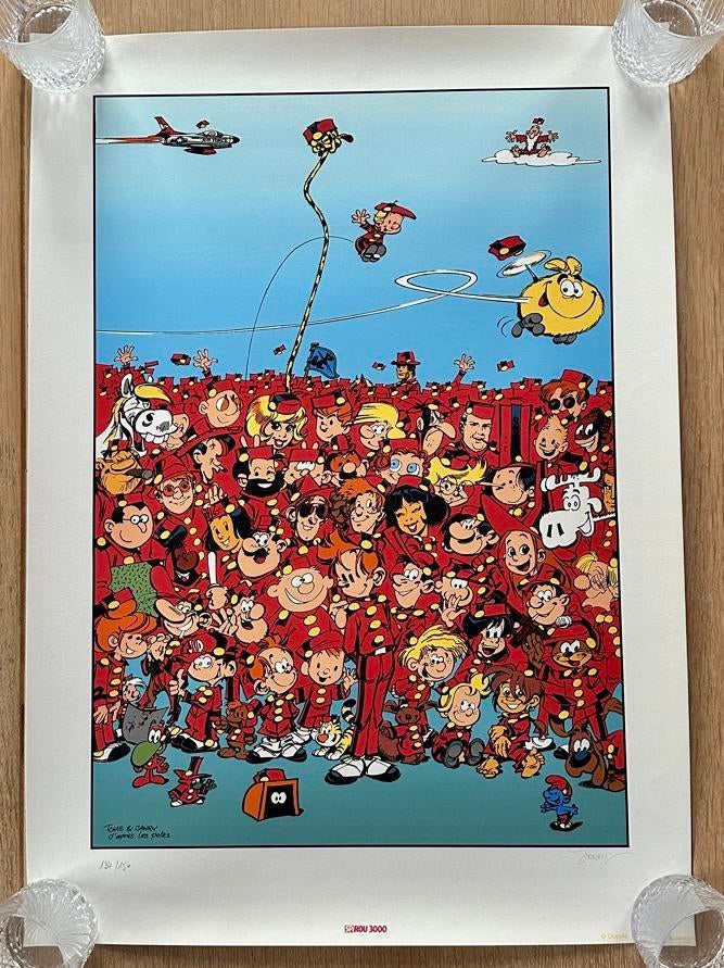 Spirou/Tome&Janry. Sérigraphie illustrant de nombreux héros, Enlèvement ou Envoi, Comme neuf