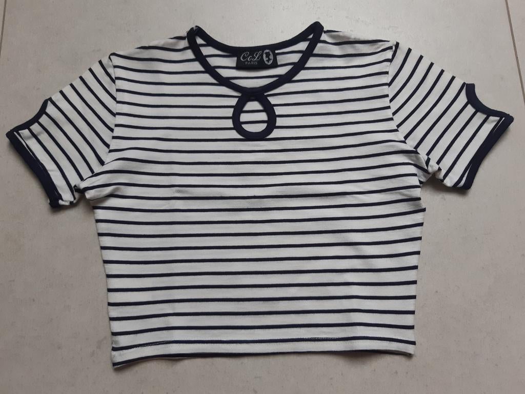 Croc top blanc à lignes bleues taille unique, Manches courtes, Enlèvement ou Envoi, Porté, Blanc