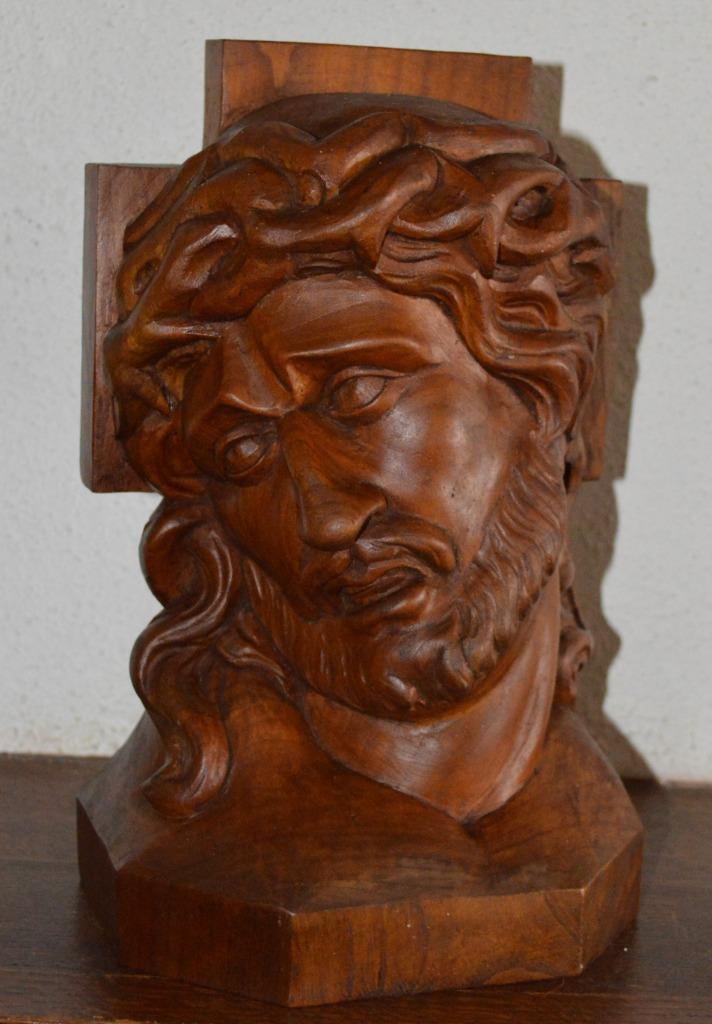 Jezus hoofd, houtsnijwerk 26 cm, Antiek en Kunst, Antiek | Religieuze voorwerpen, Ophalen of Verzenden