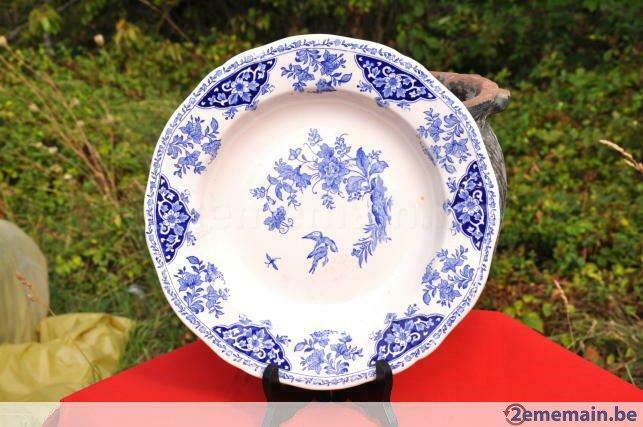 plat creux gien decor bleu fleur oisea, Antiquités & Art