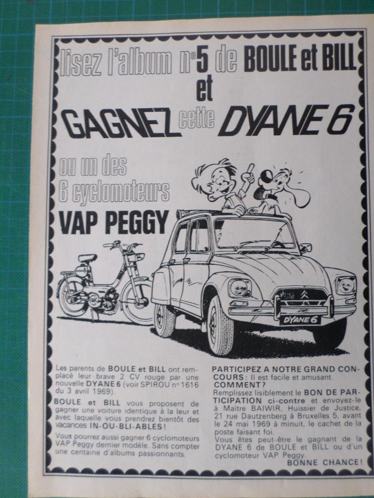 Boule et Bill - publicité papier Dyane 6 et VAP Peggy - 1969, Collections, Enlèvement ou Envoi, Autres personnages, Utilisé, Autres types