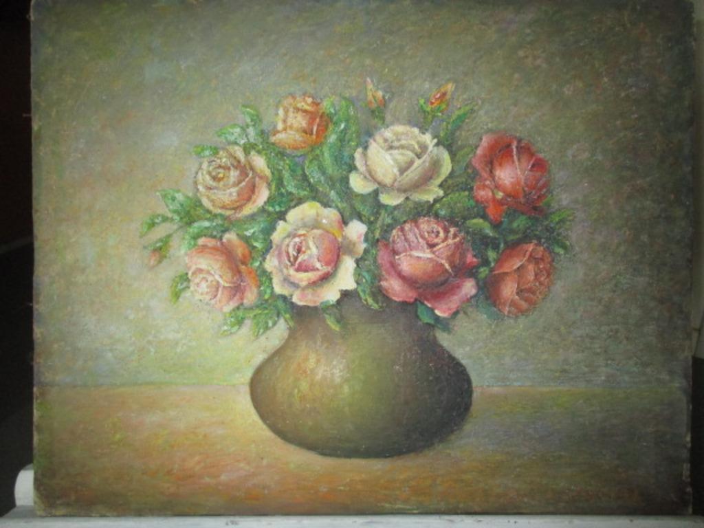 Schilderij van bolle vaas met rozen, op doek, zonder kader, Antiek en Kunst, Bloemen, Doek, Ophalen of Verzenden, Olieverf