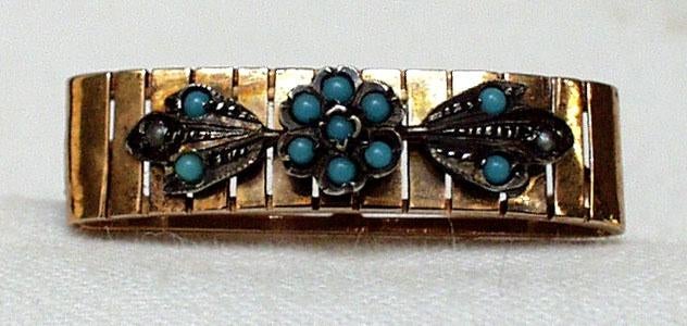 Bijou, broche en or, perles turquoises, antiquité., Enlèvement ou Envoi, Or, Broche, Avec pierre précieuse