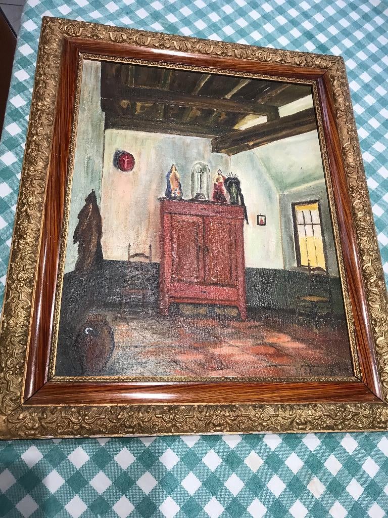 Oud religieus schilderij met verguld kader., Antiek en Kunst, Ophalen