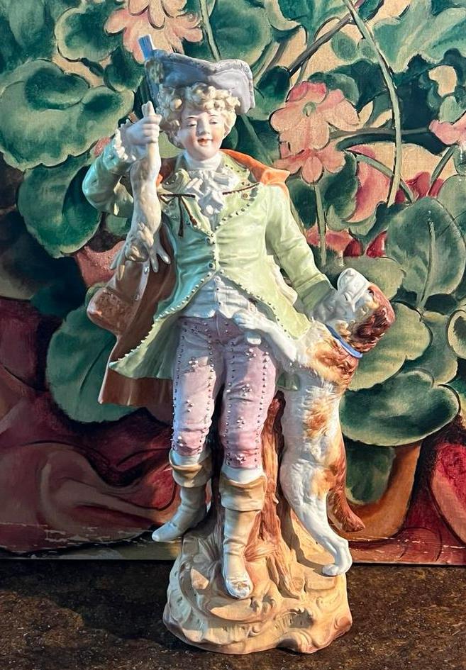 Antieke porseleinen figurine Jager met hond 20e eeuw 40 cm, Antiek en Kunst, Ophalen of Verzenden