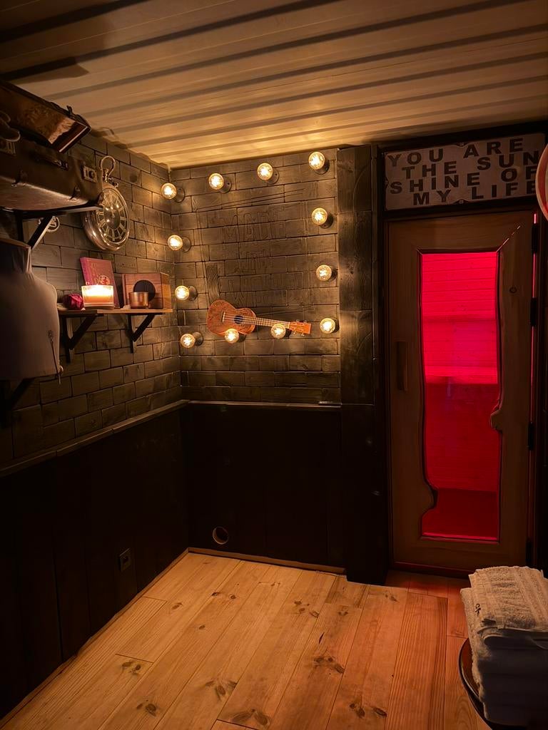 20’ zeecontainer met sauna, Enlèvement, Comme neuf, Finlandais ou Traditionnel, Sauna complet