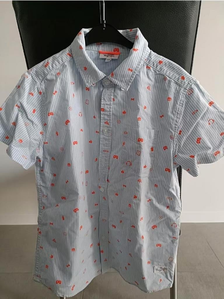 Hemd 146 JBC x Dylan Haegens blauw gestreept + oranje motief, Overhemd of Blouse, JBC, Ophalen of Verzenden, Zo goed als nieuw