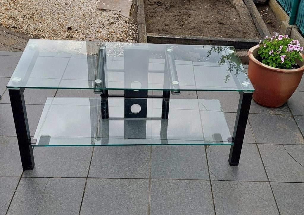 Moderne salontafel met glazen dekblad en glazen onderlegger, 100 à 150 cm, Moins de 50 cm, Enlèvement, Utilisé