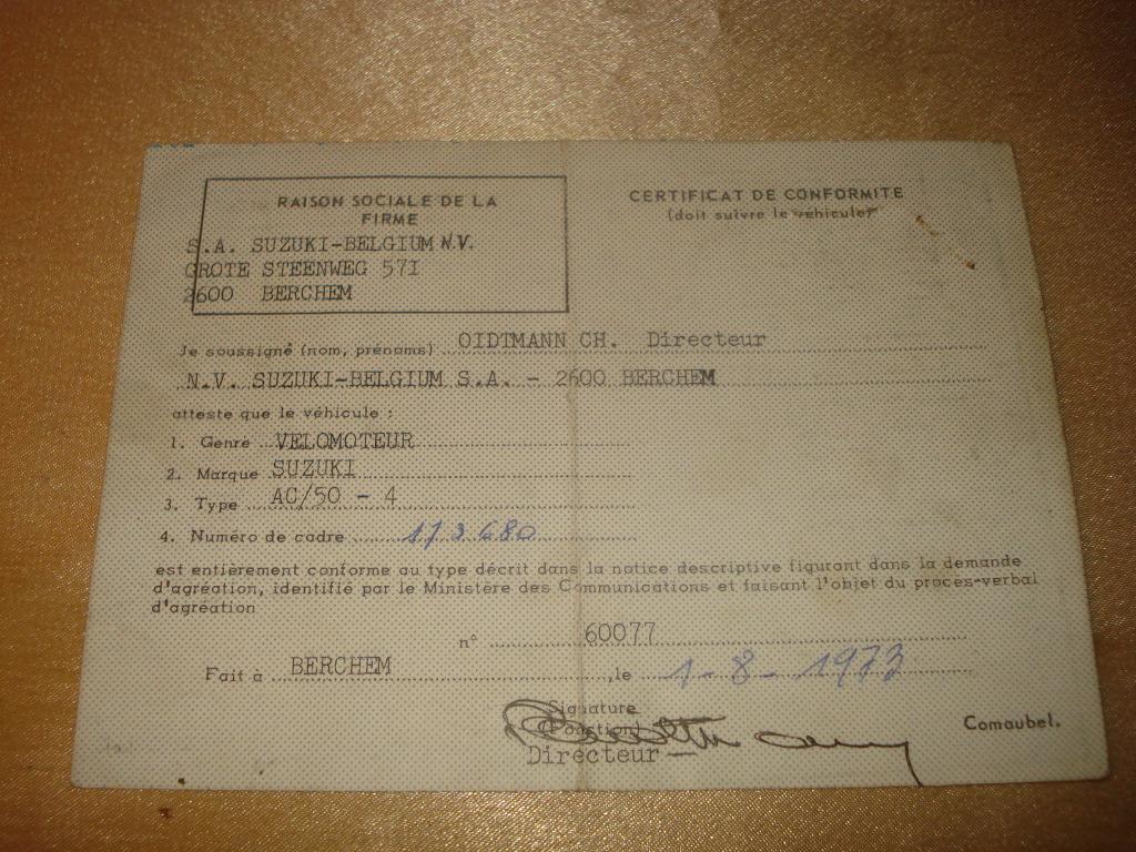 Ancien Certificat de Conformité n°4 pour Moto Suzuki AC-50, Enlèvement ou Envoi, Suzuki