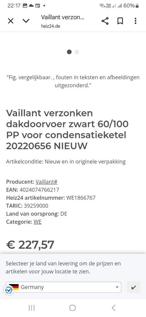 Prise de toit Vaillant 60/100 due au passage en mode chauffa, Enlèvement ou Envoi, Comme neuf, Autres types