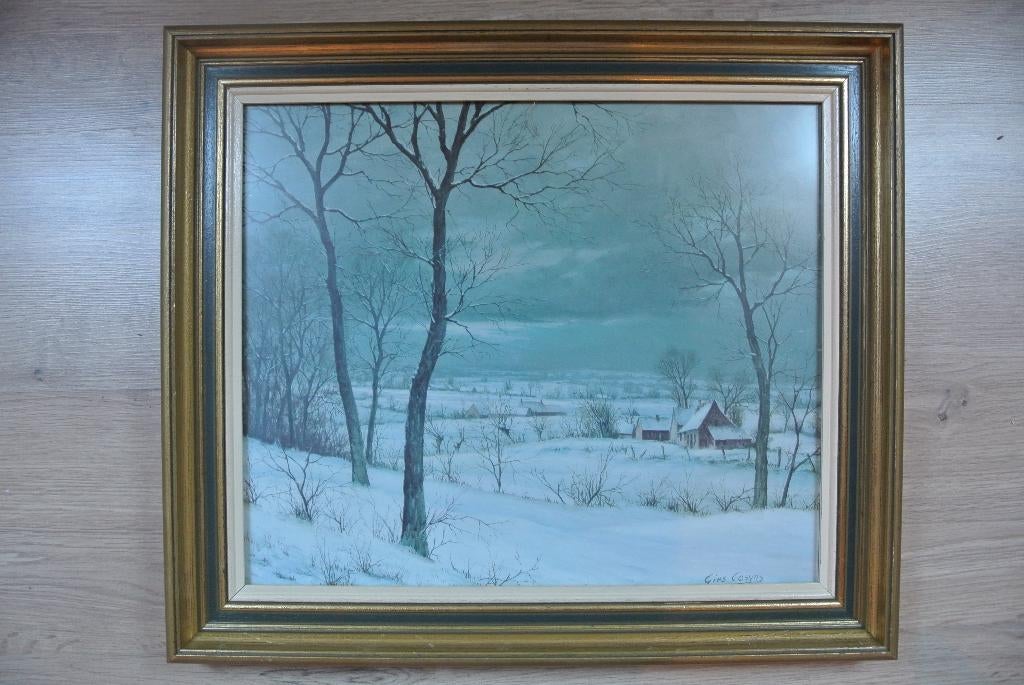 Prachtige lithografie van een besneeuwd wintertafereel, Ophalen