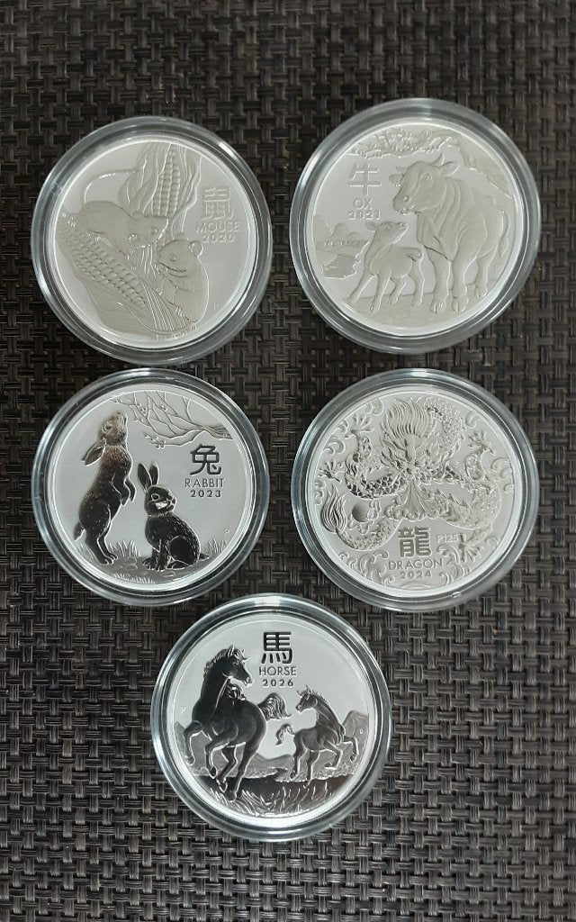 Zilveren Lunar III munten (5 oz), Ophalen of Verzenden, Zilver