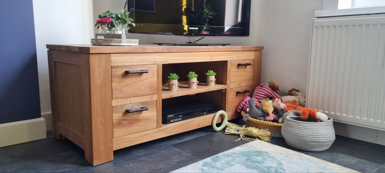 Teak tv meubel, Ophalen, 100 tot 150 cm, Teakhout, Zo goed als nieuw