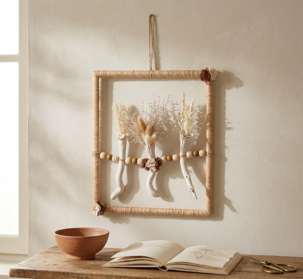 Déco murale Cadre fait main fleurs séchées bois naturel, Enlèvement ou Envoi, Fait main, Beige, Bois
