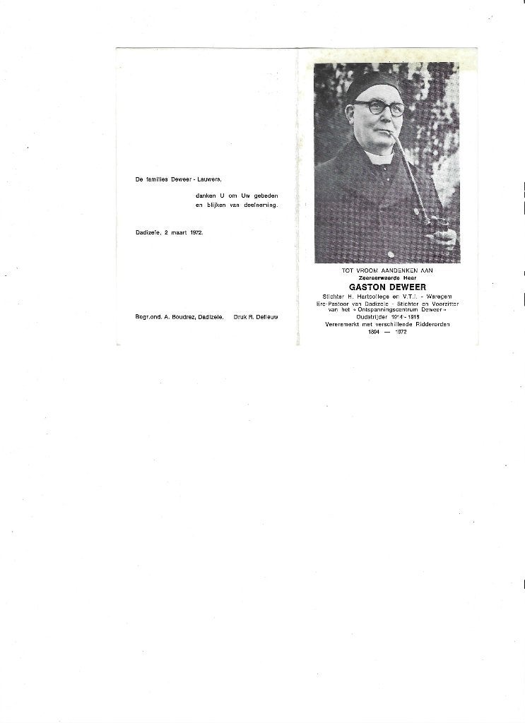 nagedachtenisprentje Gaston Deweer, Verzamelen, Ophalen of Verzenden