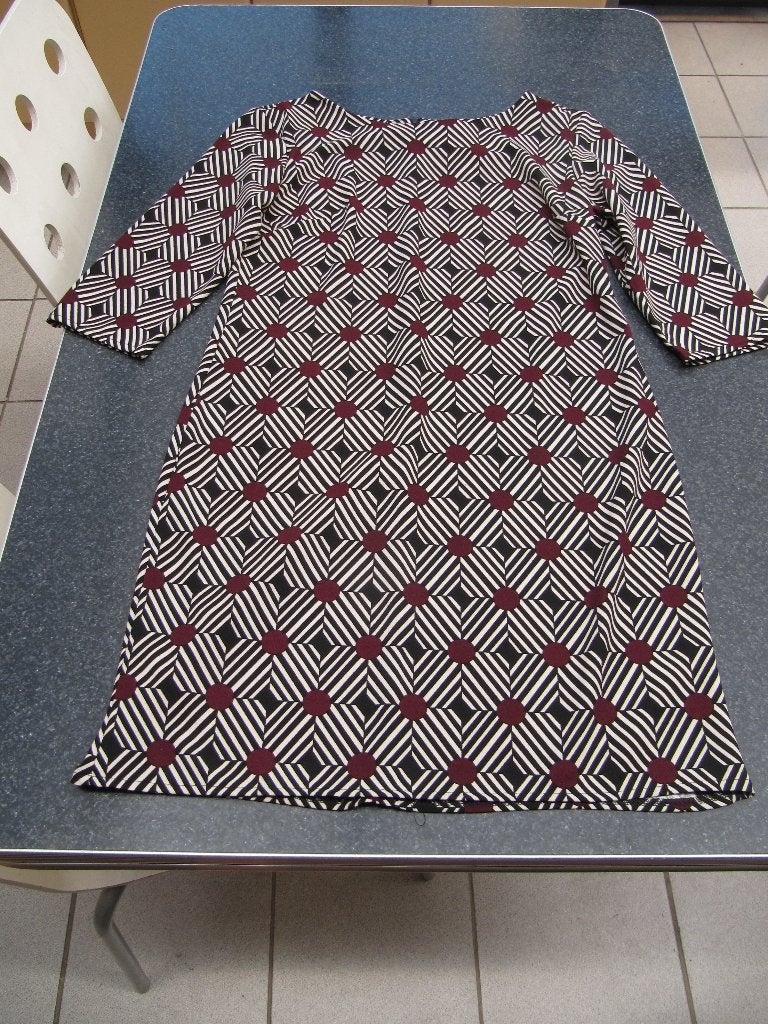 jurk vintage bijna nieuw A- lijn, bordeaux zwart taupe M, Ophalen of Verzenden, Gedragen, Maat 38/40 (M), Meerkleurig