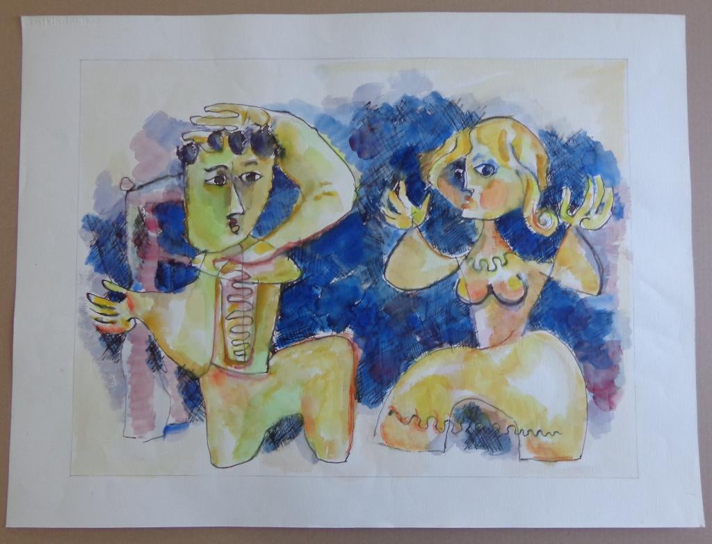 JOEL KASS / TWEE FIGUREN / ORIGINEEL WERK / 55x73cm, Antiquités & Art, Art | Peinture | Moderne, Enlèvement ou Envoi, Signé, Aquarelle