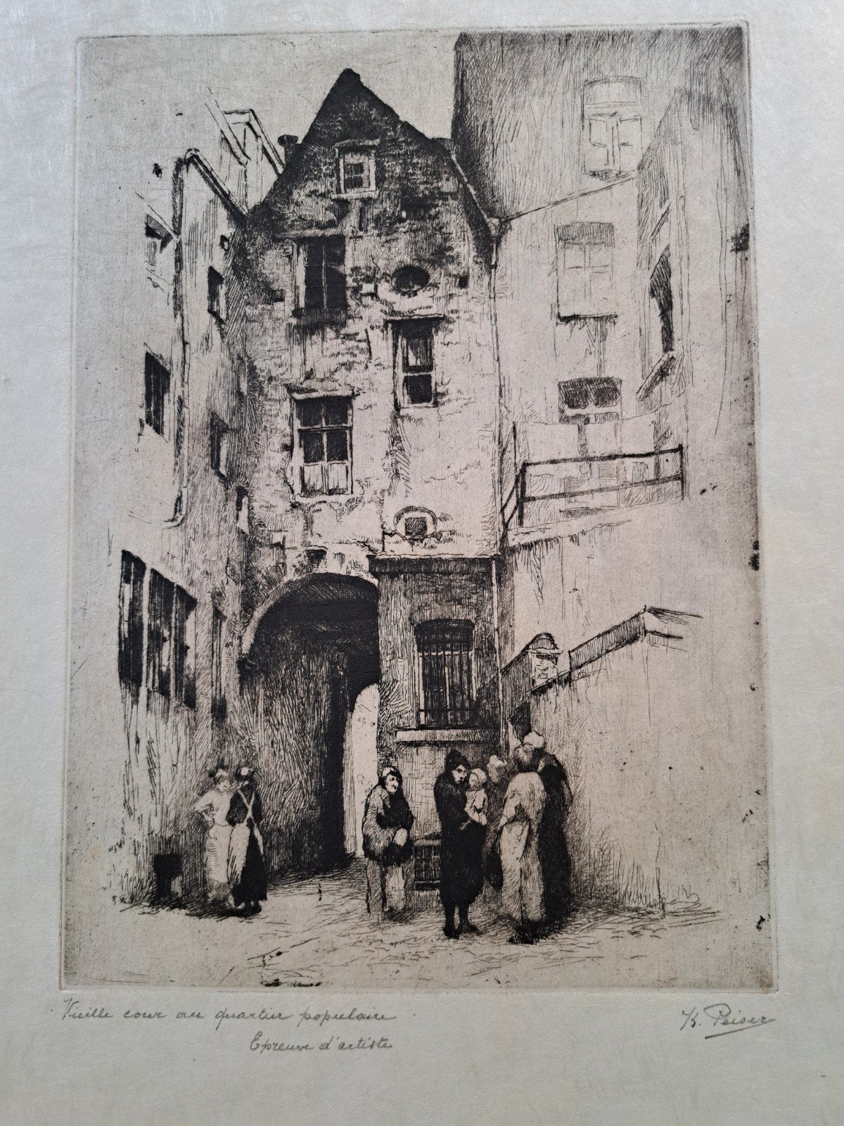 PEISER Kurt "Vieille cour au quartier populaire" ets, Antiek en Kunst, Ophalen of Verzenden, Ets, Ingelijst