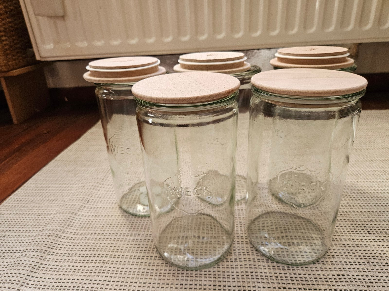 5x WECK 1500ml weckpotten met Einkochwelt houten deksels, Maison & Meubles, Enlèvement, Verre