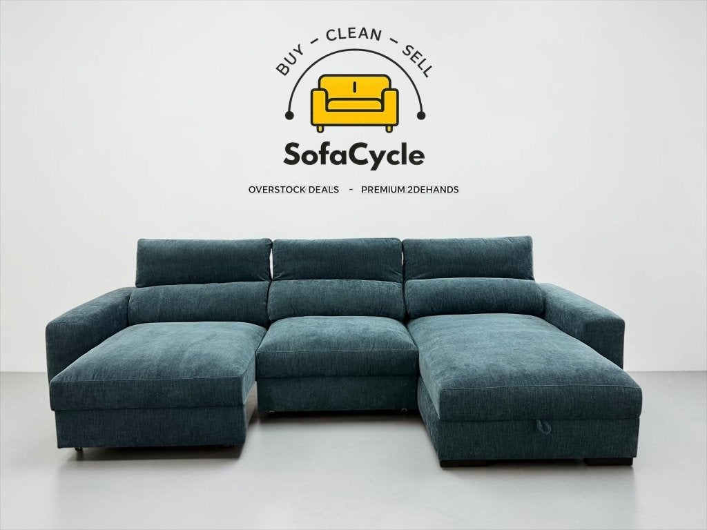 Hoekzetel blauw met slaapfunctie, opbergbox, rechts – nieuw, Gebruikt, Stof, Zonnestraat 223-229, 9600 Ronse, België, Info@sofacycle.be
