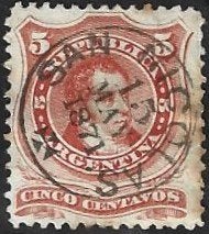 1 Postzegel Argentinië 1868 Bekende personen, Ophalen of Verzenden, Gestempeld, Zuid-Amerika