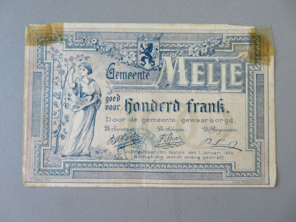 Noodgeld WO1 Gemeente Melle honderd frank, Ophalen of Verzenden, Los biljet