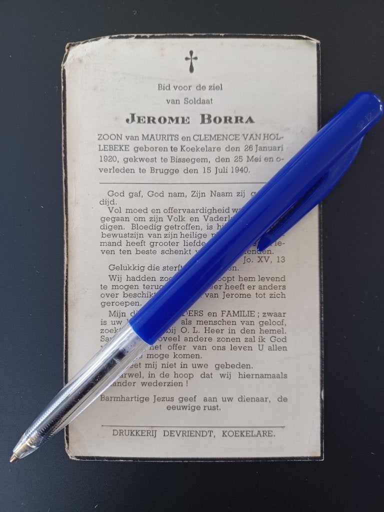 oorlogsslachtoffer WO II BORRA Jerome van Koekelare, Verzamelen, Bidprentjes en Rouwkaarten, Ophalen of Verzenden