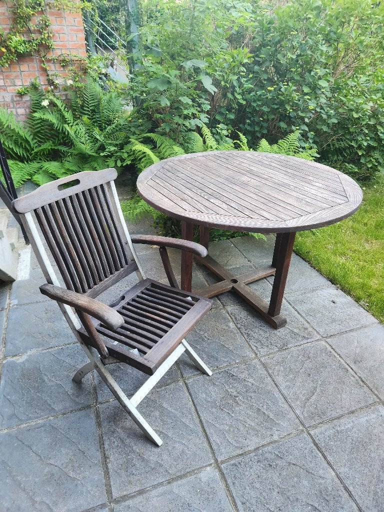teak tuintafel en 4 stoelen, Jardin & Terrasse, Tables de jardin, Enlèvement, Utilisé, Rond, Bois de teck