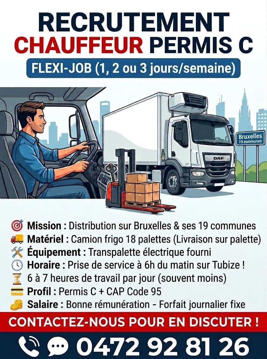 Chauffeur permis C avec CAP 95, Offres d'emploi, 33 - 40 heures, À partir de 1 an, Freelance ou Intérim, Convient comme travail d'appoint