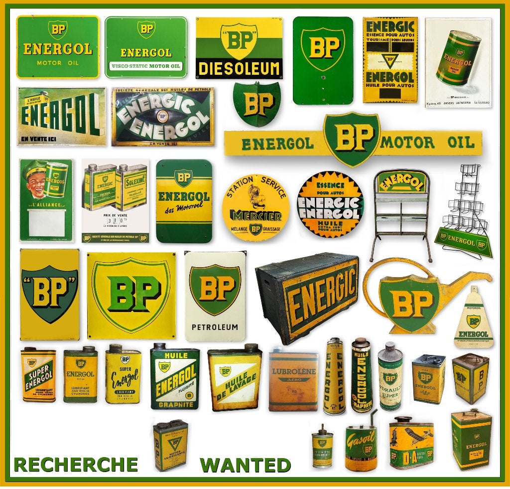 gezocht emaillebord BP energol reclamebord olie blik, Ophalen, Gebruikt, Reclamebord