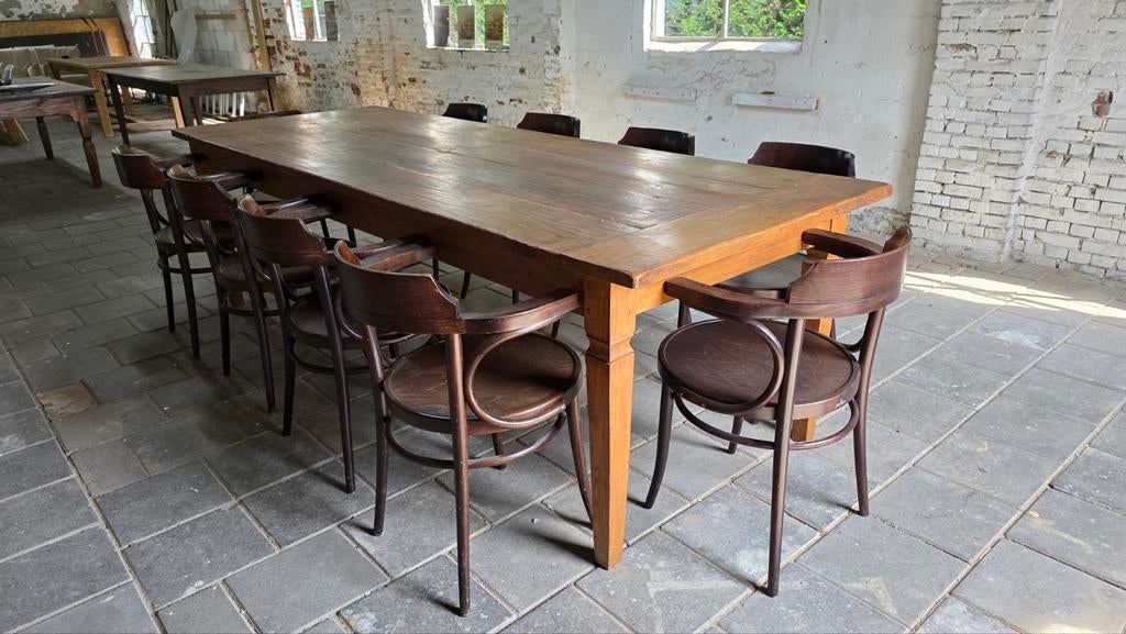 Authentieke boerentafel 280 cm lang + 10 oude caféstoelen, Huis en Inrichting, Complete eetkamers, Gebruikt, 8 stoelen of meer