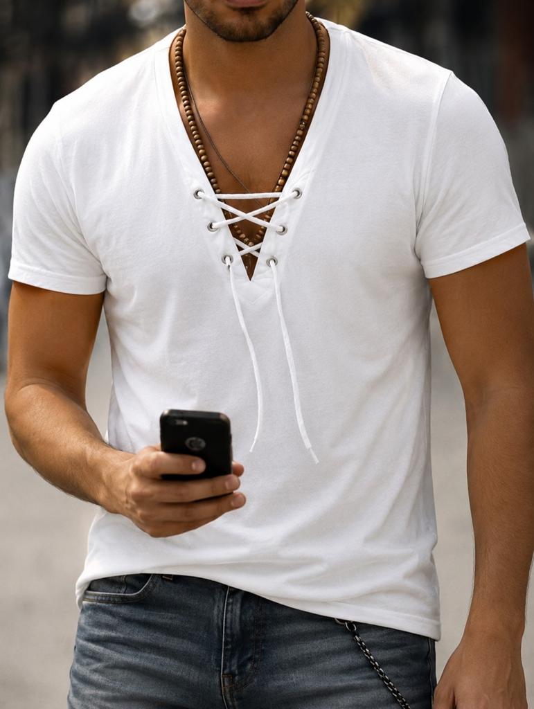 T-shirt homme blanc léger été avec col lacets – Taille L, Enlèvement ou Envoi, Blanc