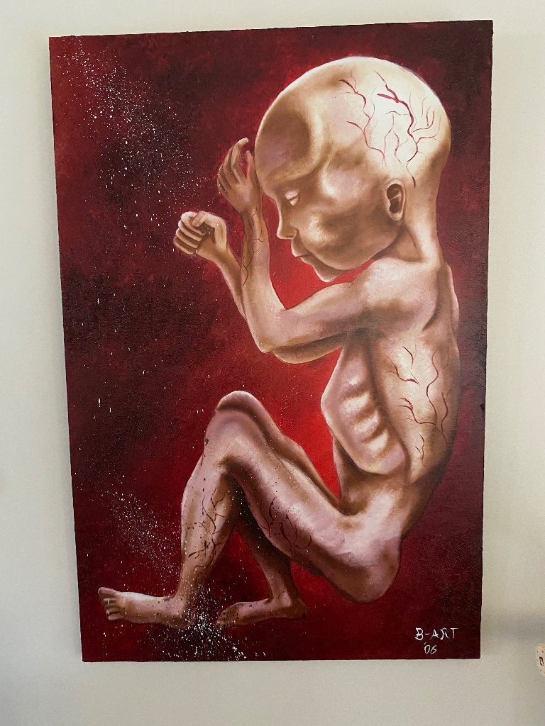Peinture foetale sur bois, Enlèvement, Signé, Autres sujets, Panneau