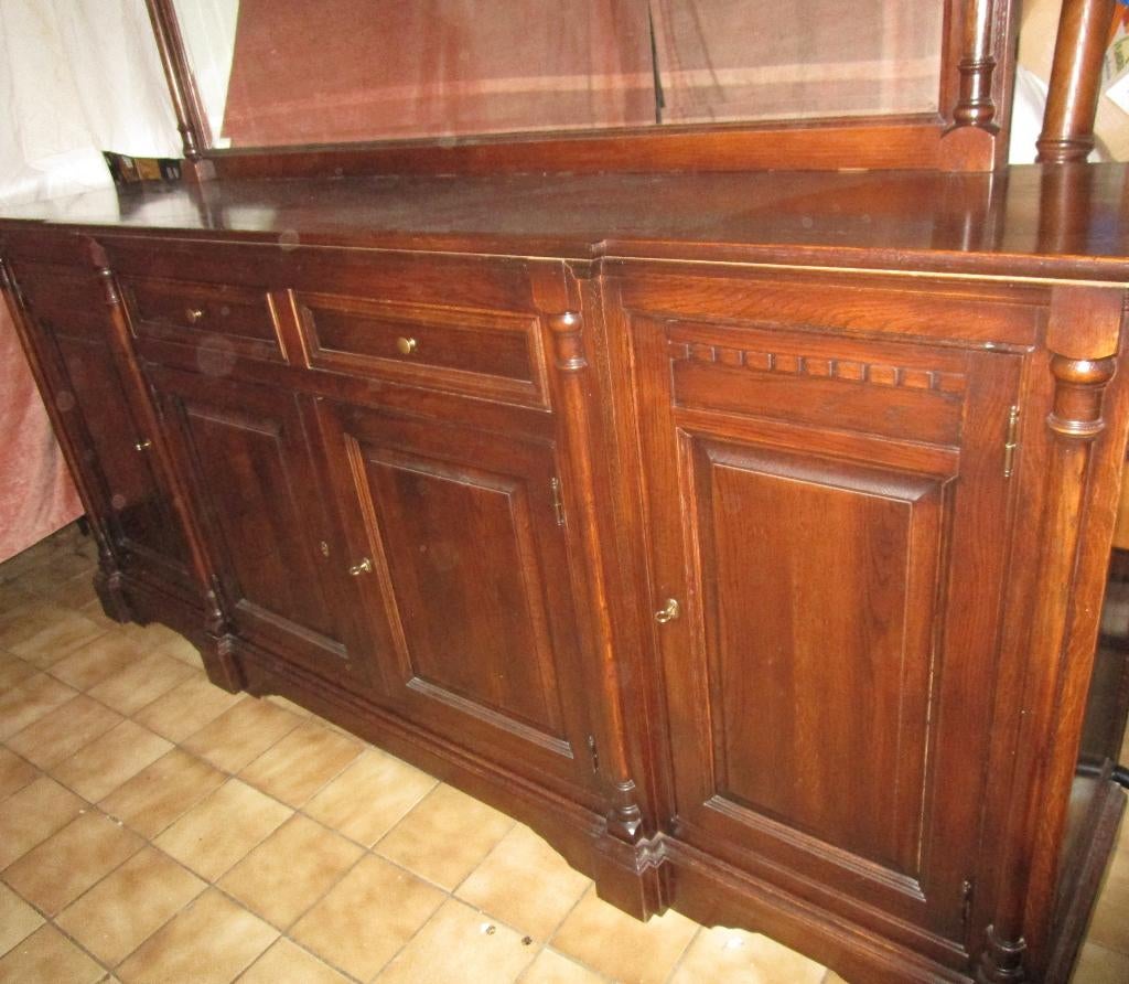 grote eiken dressoir met spiegel, Huis en Inrichting, Kasten | Dressoirs, Zo goed als nieuw, 200 cm of meer, 50 tot 75 cm, Met lade(s)