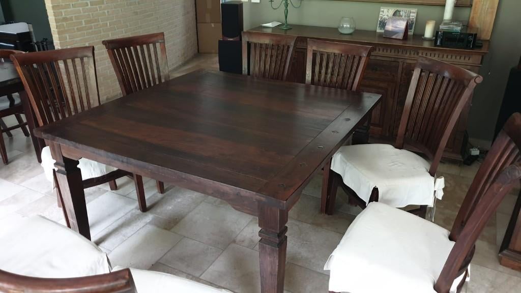 Koloniale eettafel + 8 stoelen en mogelijk kast, Ophalen, Gebruikt, Koloniaal