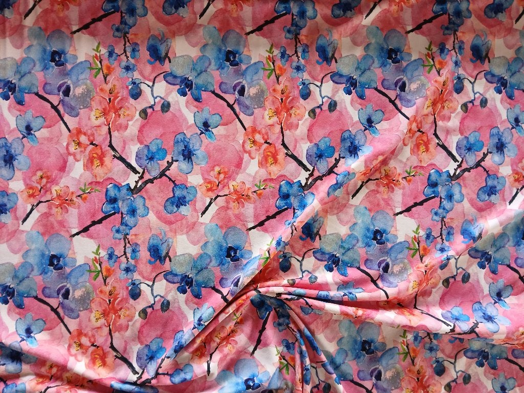 KOOPJE : Laatste coupons jersey digital stof met orchideën, Meerkleurig, 120 cm of meer, Nieuw, Ophalen of Verzenden